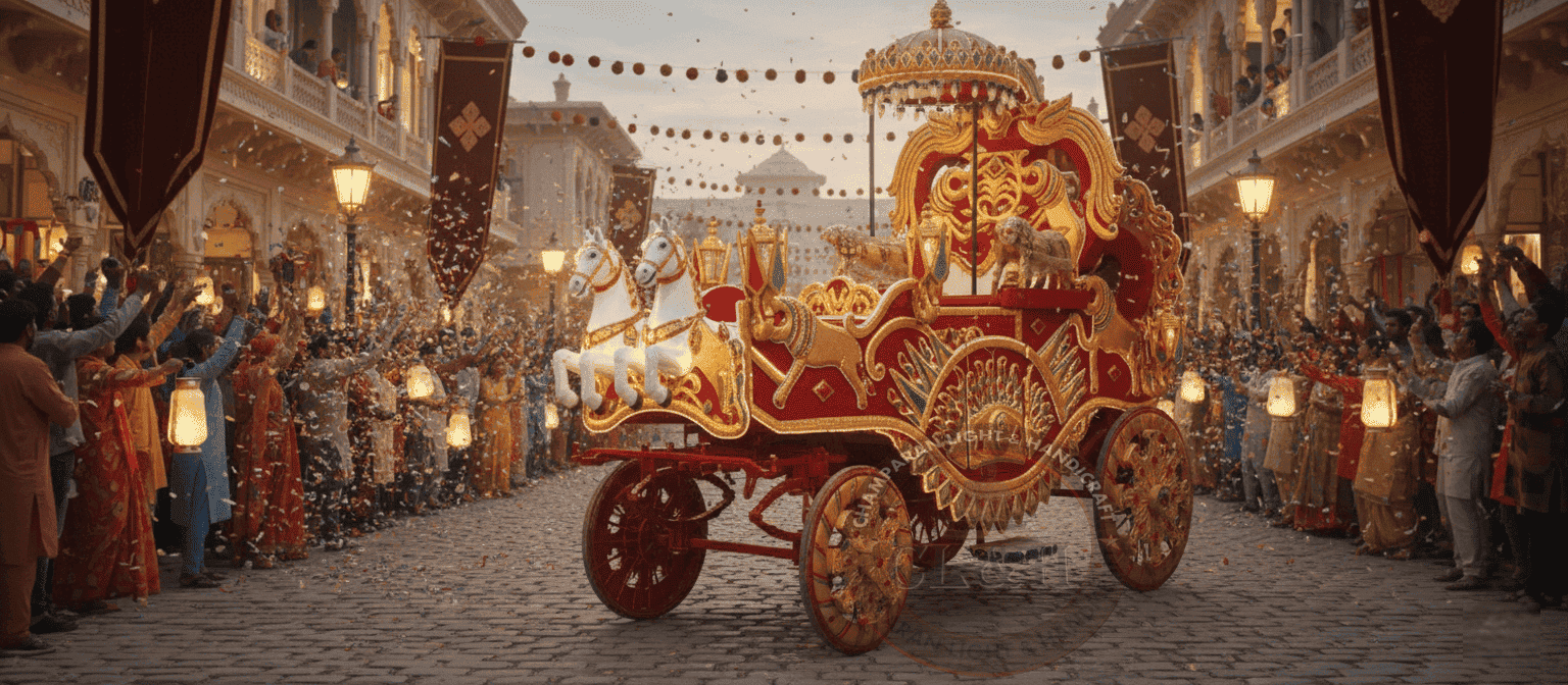 Majestic tiger-themed Bahubali jeep rath with ornate royal decorations.